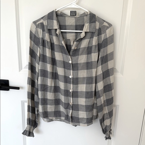 Wrap London Tops - Wrap London Plaid Cotton Wool Blend Pleated Collared Button Down Blouse
